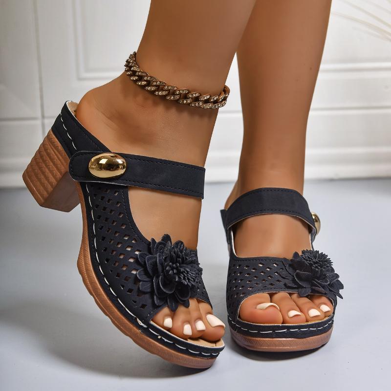 

Fashion 2025 New Women Flowers Strap Summer Sandals with Metal Buckles Casual Open Toe Square Heels Beach Shoes Casual Women Sandals 36 чёрный