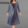 Autumn Woman Dresses Women's Round Neck Long Sleeve Clothing Striped 3D Printed Dress Clothing Loose Plus Size Casual Streetwear