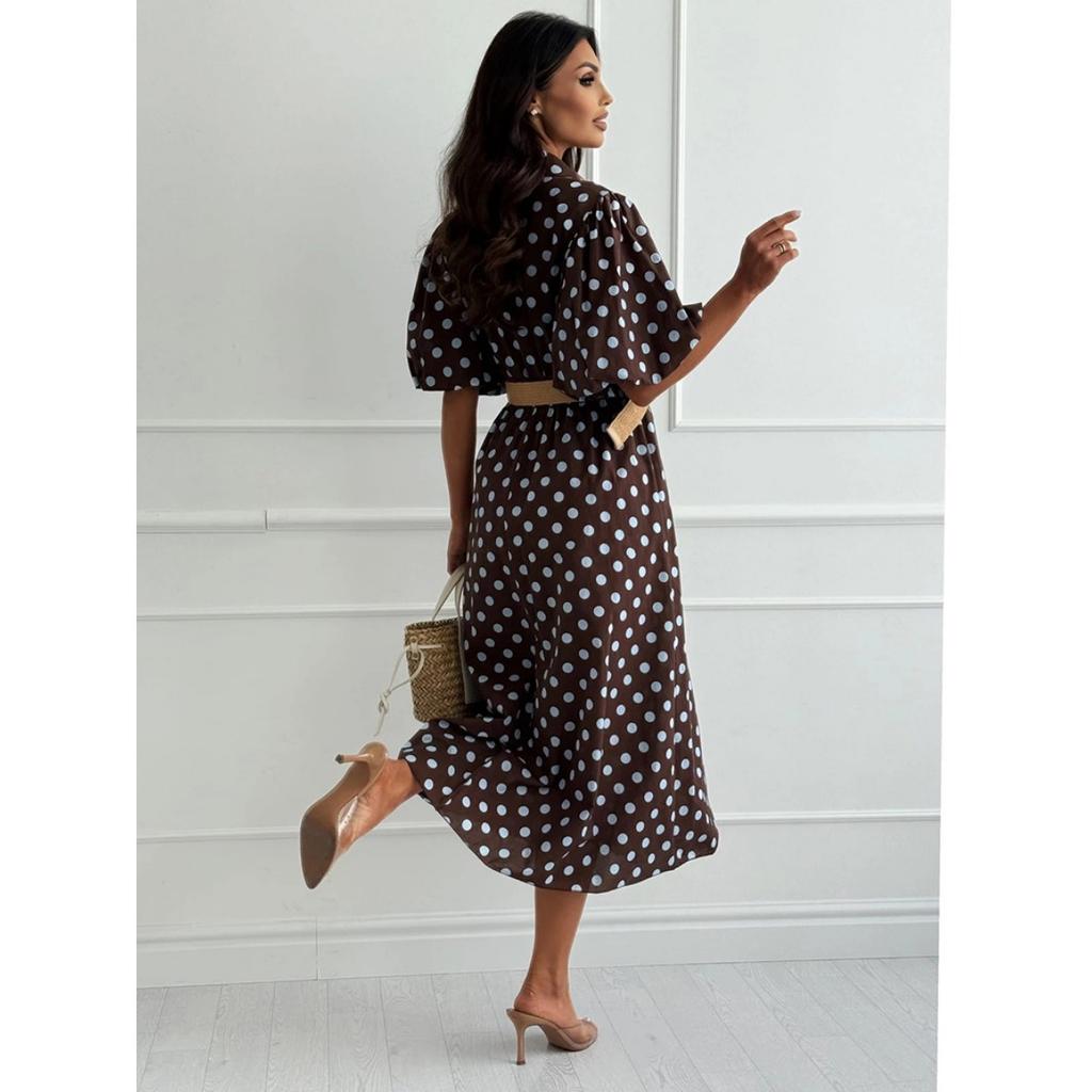 Abito midi a pois da donna, vestito casual ampio a mezza manica, vestito casual da giorno per donna, primavera estate, stile europeo americano