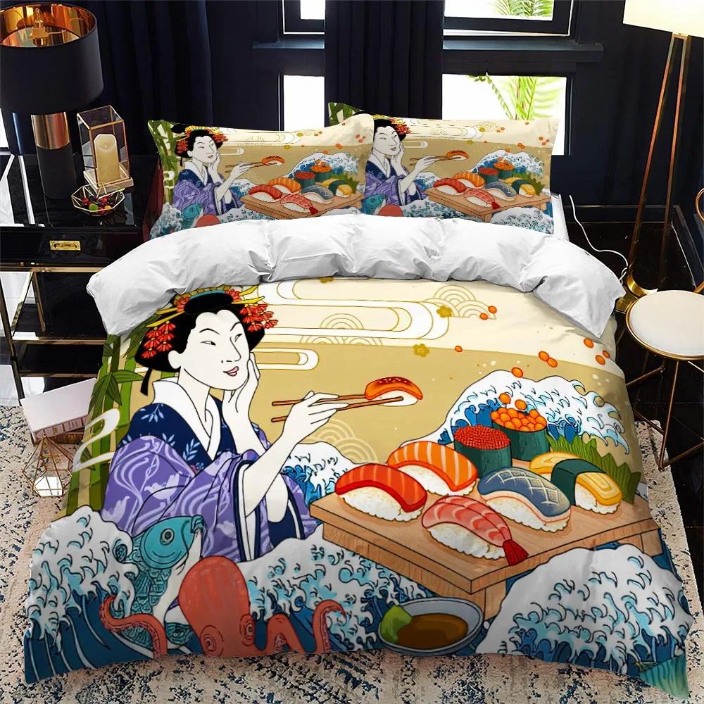 Dynetrekk i japansk stil King Queen Full størrelse Ukiyo-e-tema bølgemønster polyester sengetøysett Fuji Mountain Exotic Style