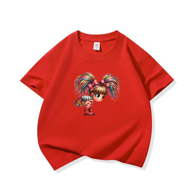 Kids Cotton T Shirt Rainbow Hair Girl Wear Plaid Skirt Print Crew Neck Short Sleeve Tee Casual Boys Girls Summer Tops
