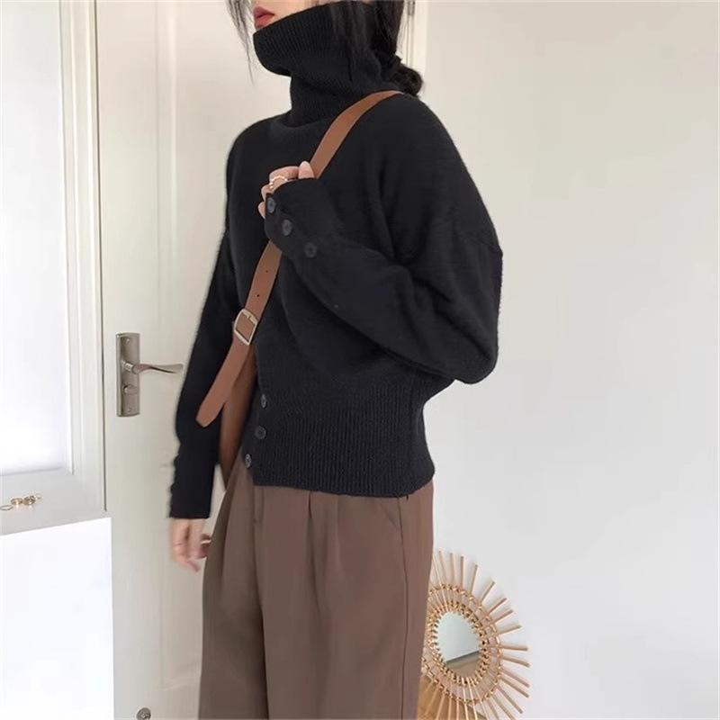 Retro High Neck Button Sweater: Women's Autumn/Winter Solid Color Knit with Slit