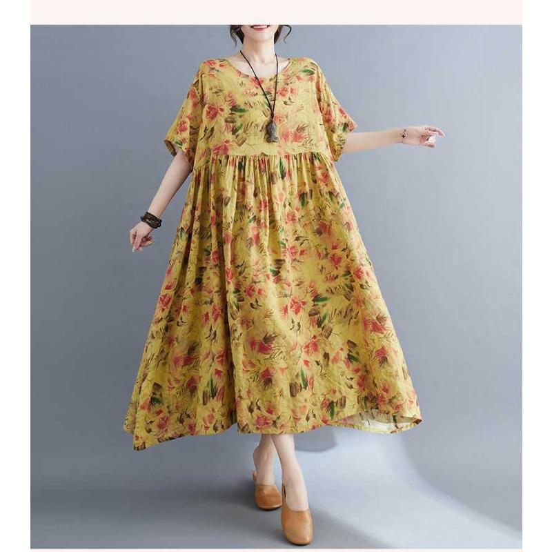 Loose and Thin Retro Swing Round Neck Short Sleeve Long Dresses