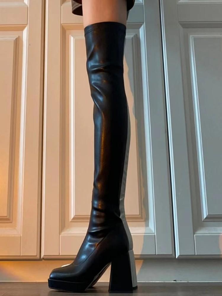 

Эластичные сапоги Ботфорты Женские водонепроницаемые Узкие сапоги на толстой подошве Сапоги из кожи на высоком каблуке Высокие рыцарские сапоги для женщин 40