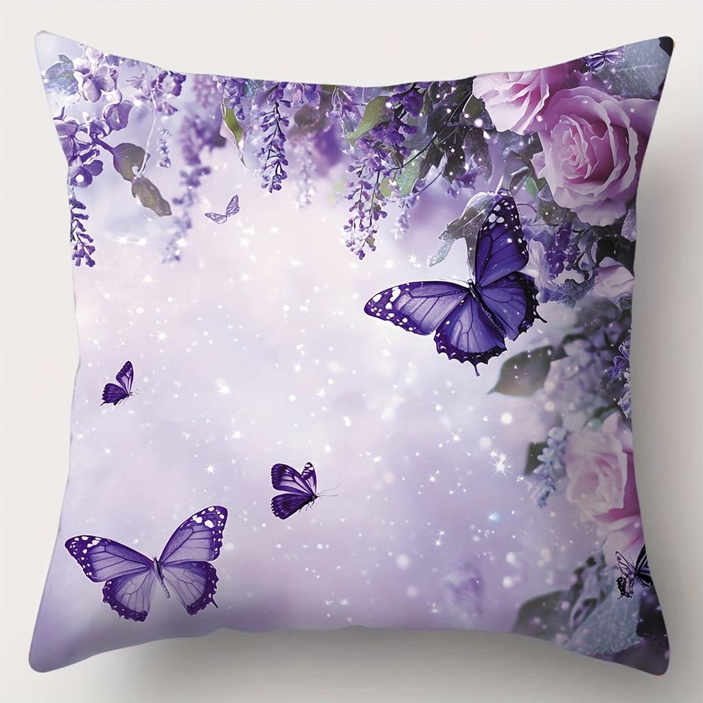 Purple Butterflies And Pink Roses Printed Cushion Covers Polyester pillowcase, sofa decorative cushion cov Headboard Pillow