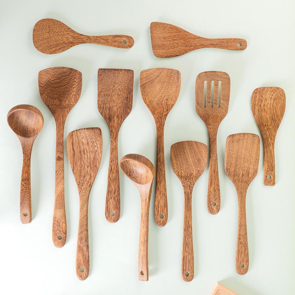 Unpainted Wenge Wood Long-Handled Spatula for Non-Stick Pans - Solid Wood Cooking Utensil, Ladle & Tableware