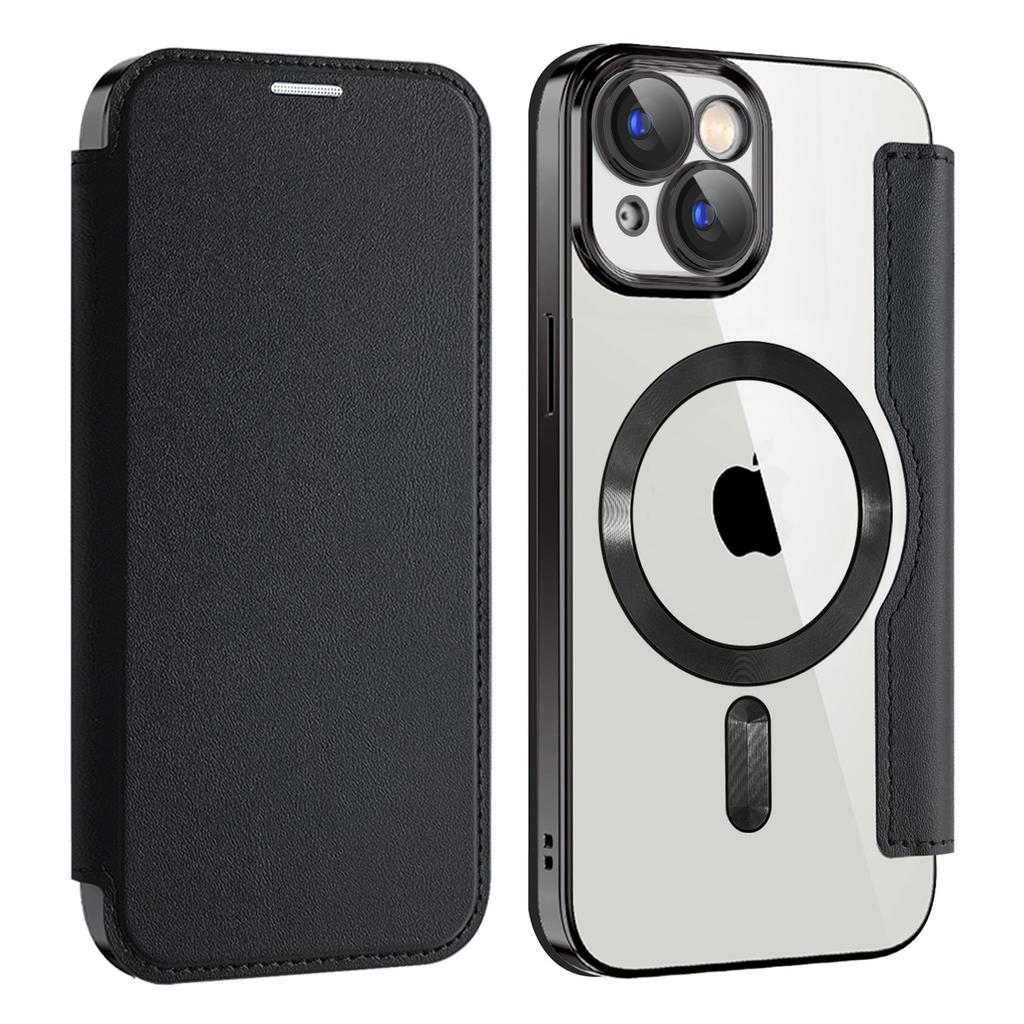 For iPhone 15 Plus Leather Phone Case Compatible with MagSafe RFID Blocking Card Holder Electroplating Cover
