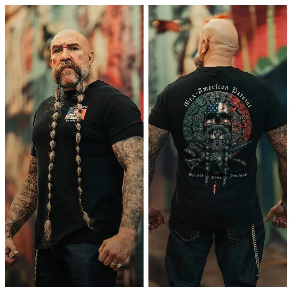 Unisex Graphic T Shirt Mex American Patriot Aztec Calendar Skull Cross Rifle Double Side Print Usa Mexico Flag Color
