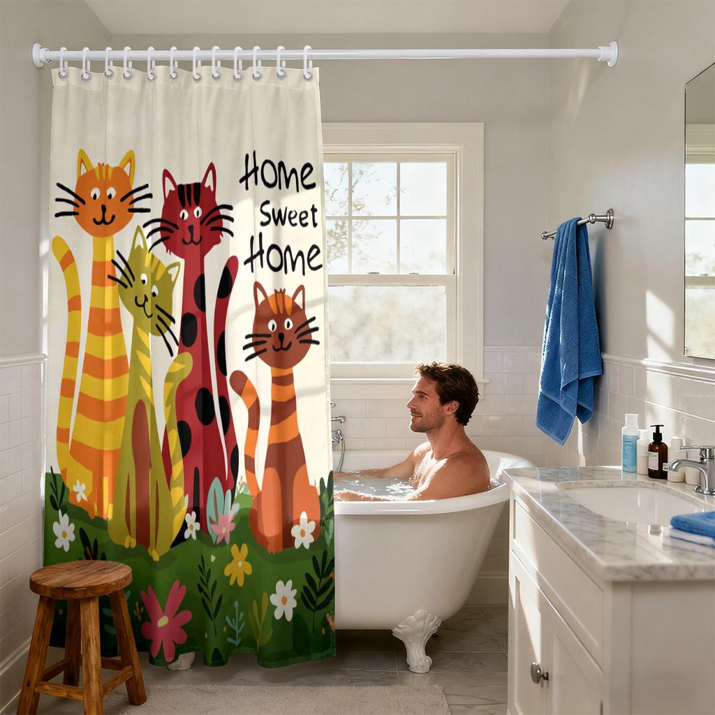 1pc Cute Cartoon Cat Printed Waterproof Shower Curtain Partition Privacy Hanging Curtain with 12 Hooks Multiple Sizes