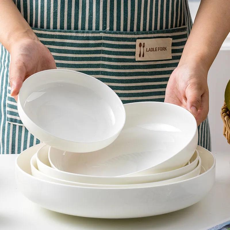 Reinweißer Teller, vertiefter Teller, Keramik, für den Haushalt, Mikrowelle, verwendbar, Teller, Scheibe, Tangshan-Keramik