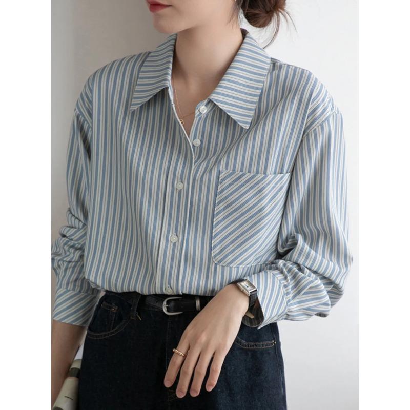 Womens Striped Loose Fit Long Sleeve Button Down Shirt S синий