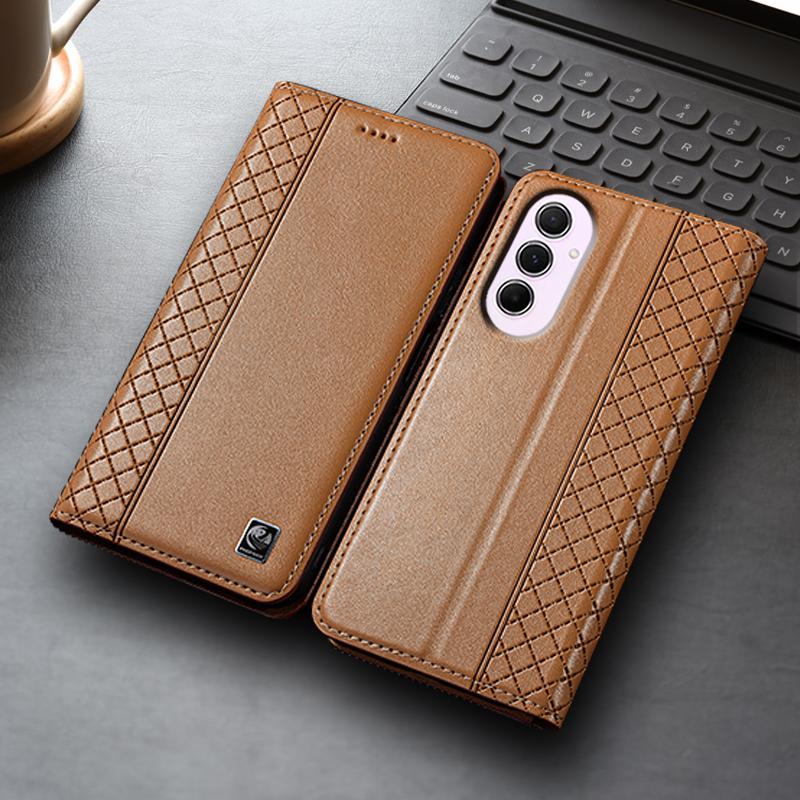 Napa Inner Grid Genuine Leather Flip Case for Samsung Galaxy A05 A05S A15 A25 A35 A55 A16 A26 A36 A56 5G Phone Cover Card Cases