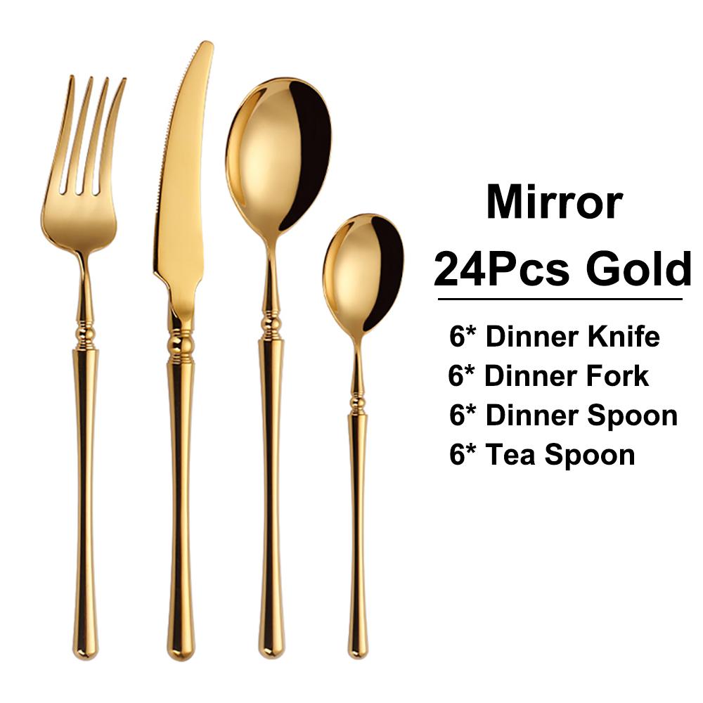 24/30Pcs Gold Cutlery Dinner Set Matte Knife Fork Spoon Stainless Steel Western Tableware Mirror Sliverware Kitchen Utensils