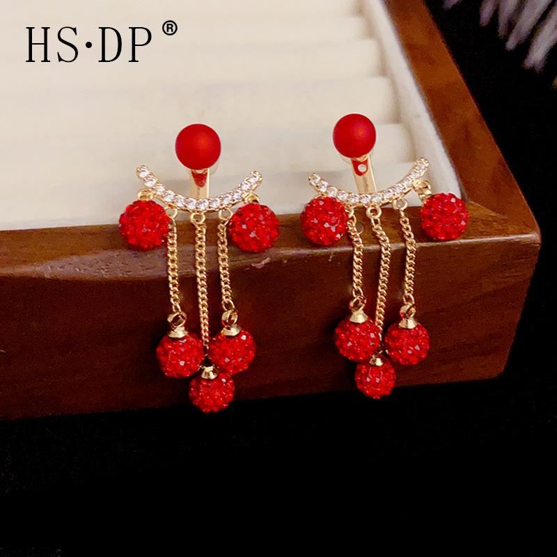 Red Pearl Diamond Ball Back Hanging Stud Earrings Women'S Two-Wear Design Versatility Earrings