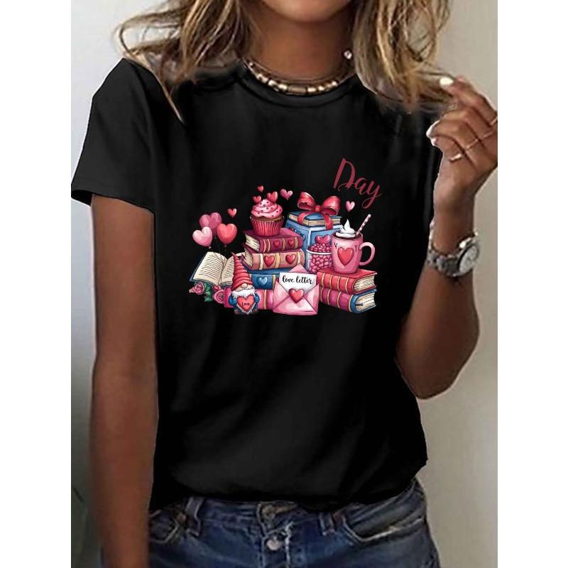 

European Size Women s Valentine s Day T-Shirt with Heart, Cake & Book Graphics - Spring Summer Casual Short Sleeve Round Neck Blouse 4XL чорний