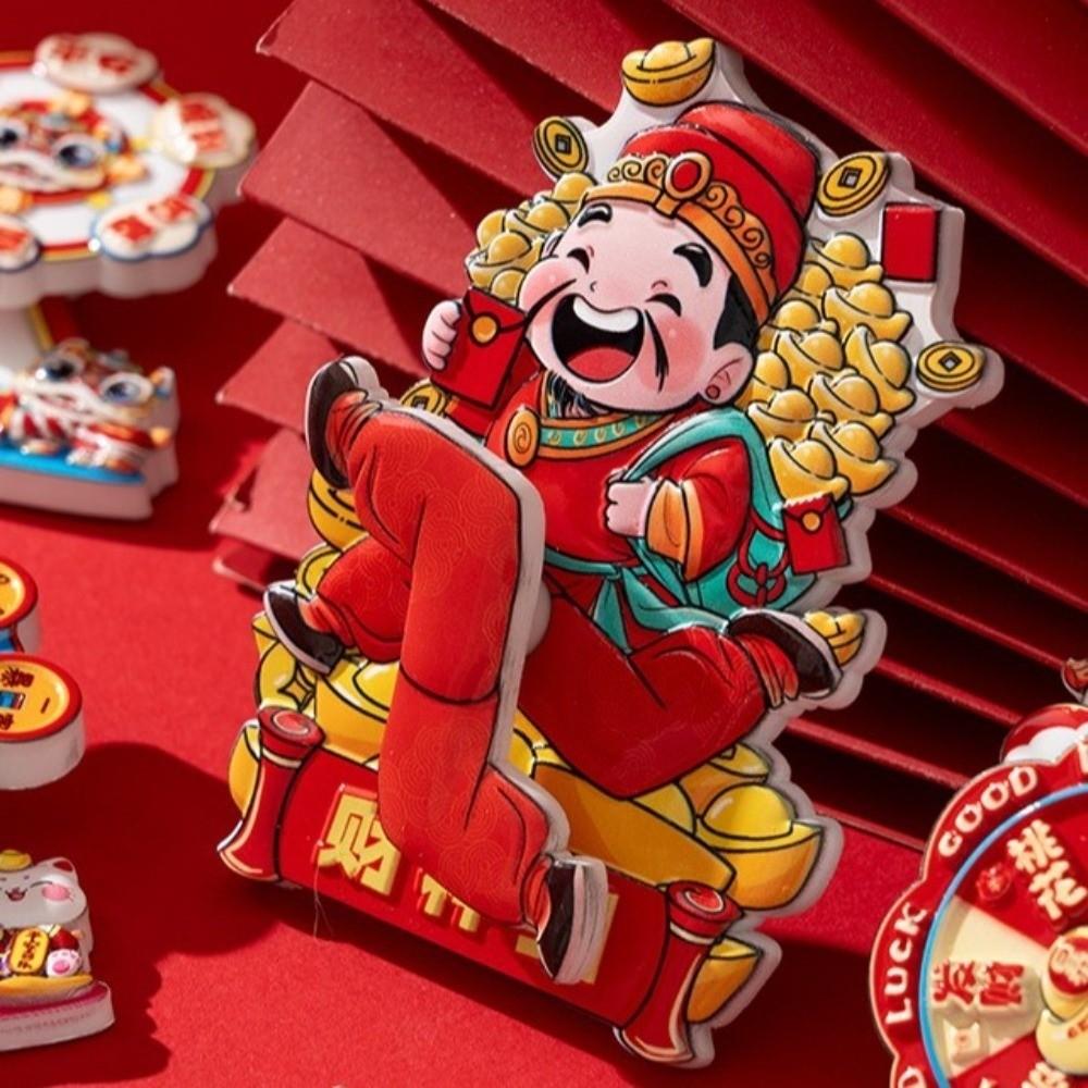 Cartoon God of Wealth Magnetic Sticker Chinese Style 3D Rotatable Magnet  Festive Decoration