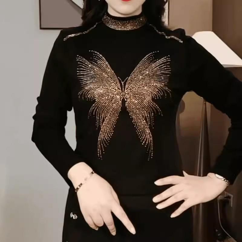 Autumn/Winter Rhinestone Leaf Long-Sleeve Slimming Warm Shirt for Middle-Aged and Elderly Moms