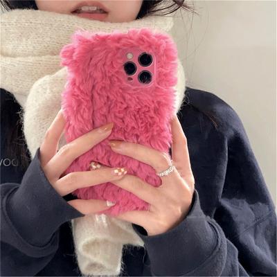 Ins Korean Cute Fuzzy Plush Pink Phone Case For Iphone 14 13 12 11 Pro Xs Max X Xr 7 8 Plus Winter Shockproof Soft Cover Funda