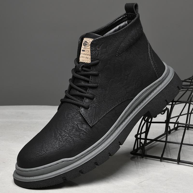 Men's Cowhide Martin Boots Large Size Soft-soled Outdoor Tooling Boots Men's Retro Velvet Warm High-top Leather Boots Men