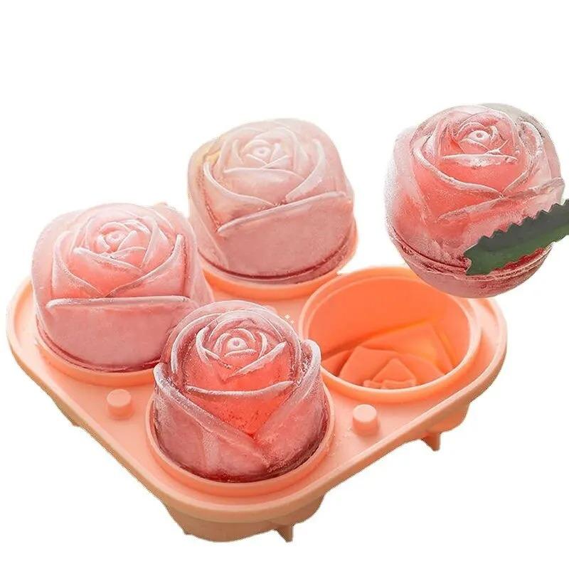 3D Rose Ice Molds 2.5 Inch, Large Ice Cube Trays, Make 4 Giant Cute Flower Shape Ice, Silicone Rubber Fun Big Ice Ball Maker