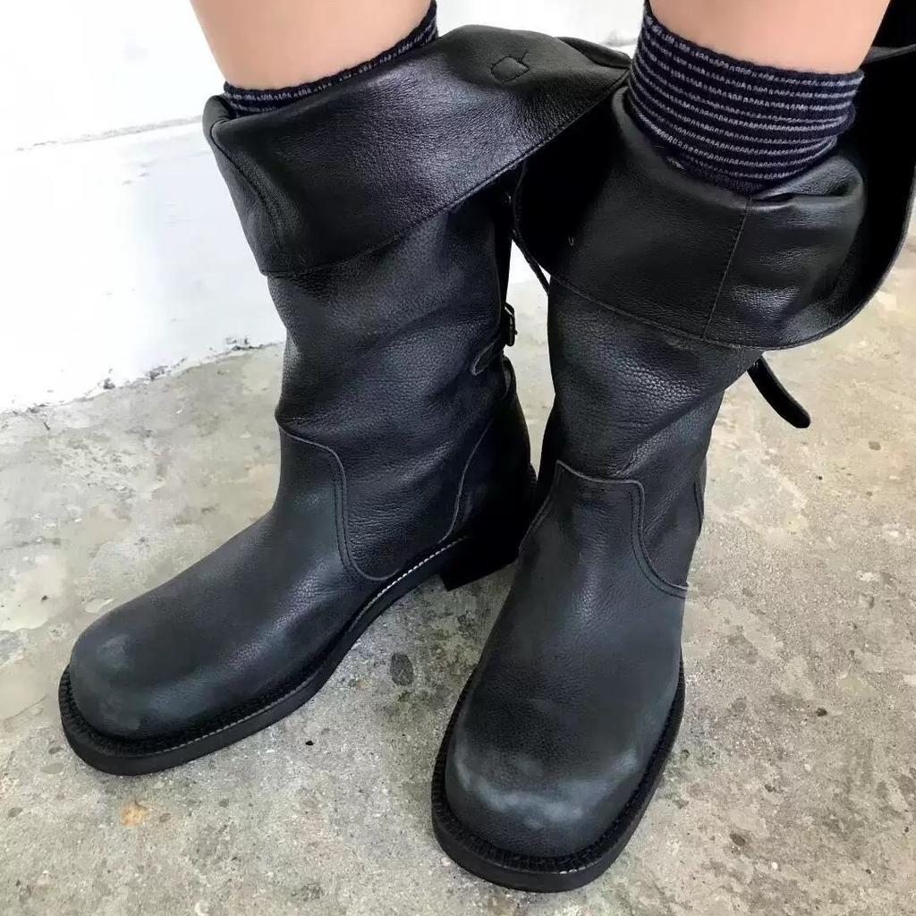 Cowhide version~ Korean niche round head thick heel belt buckle two wear versatile medium and high boots knight boots long boots women's boots