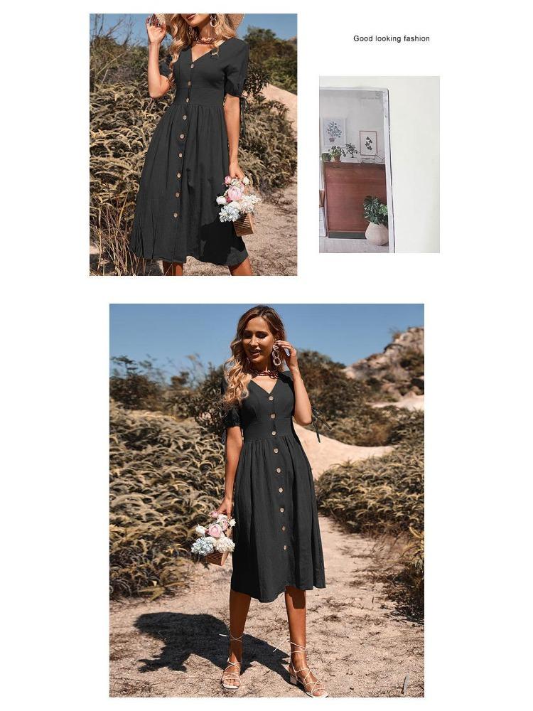 Women's Summer Cotton Linen V-Neck Short Sleeves Buttoned Dress European American Style