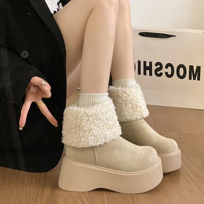 Women's soft elastic thick sole a foot stirrup winter fur one warm cold padded snow boots non-slip wear casual sports cotton boots