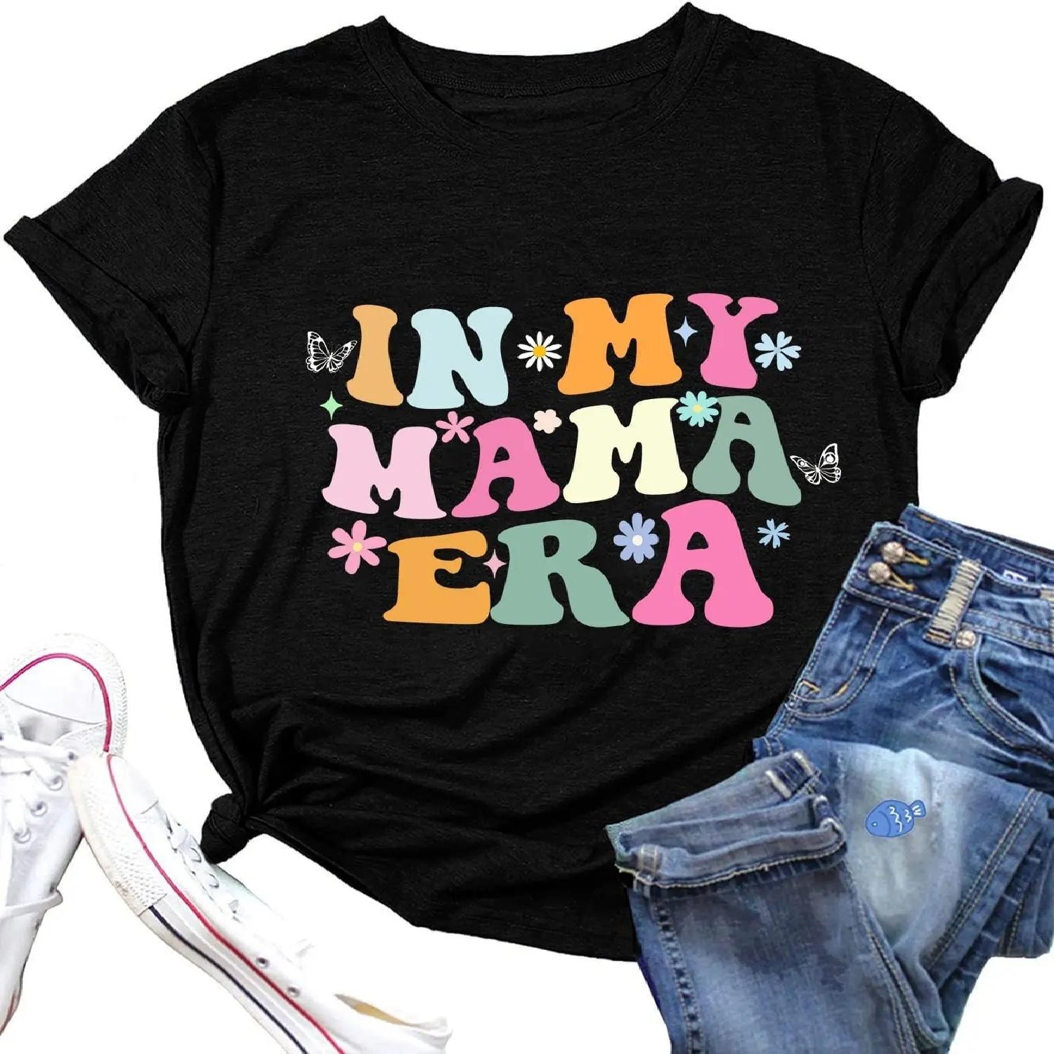 Mama T-Shirt for Women Colorful Letter in My Mama Era Print Flower Butterfly Pattern Mom Shirt Mama Gift Casual Top S