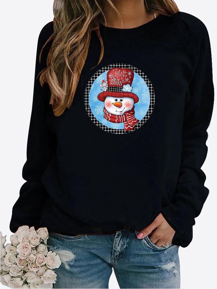 Blusa feminina de outono e inverno com decote redondo, moda casual, cor sólida, manga comprida, estampa de boneco de neve, camiseta solta, tops