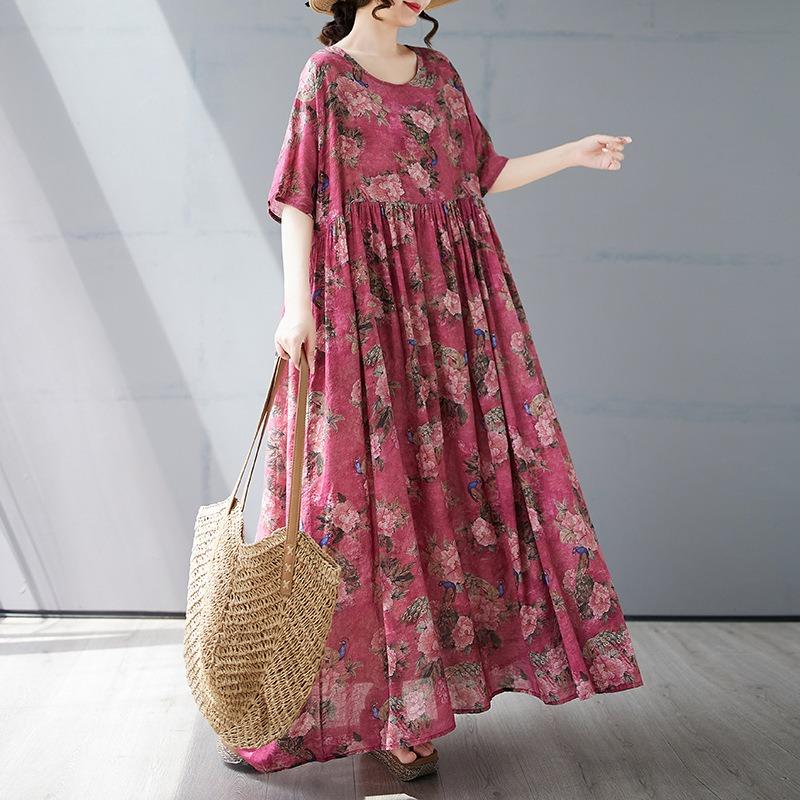 Summer new simple bohemian long dress fattened and enlarged short-sleeved crew neck printed dress women's clothing