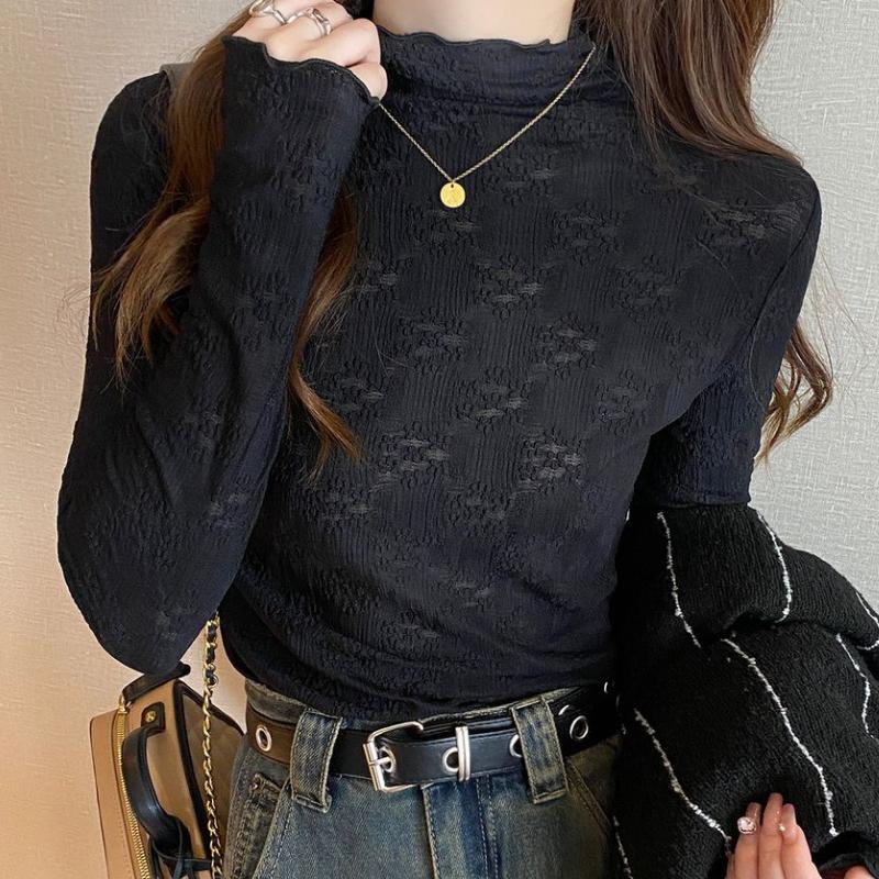 

Рубашка на кружевной основе для женщин на осень и зиму, белая, полувысокая горловина, черный топ с грибковой кромкой L чёрный