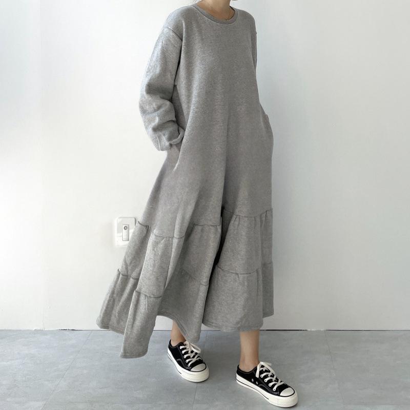 Spring Summer Sweatshirt Dress Women Ruffle Hem Loose Midi Dress Lantern Sleeve Knee Length