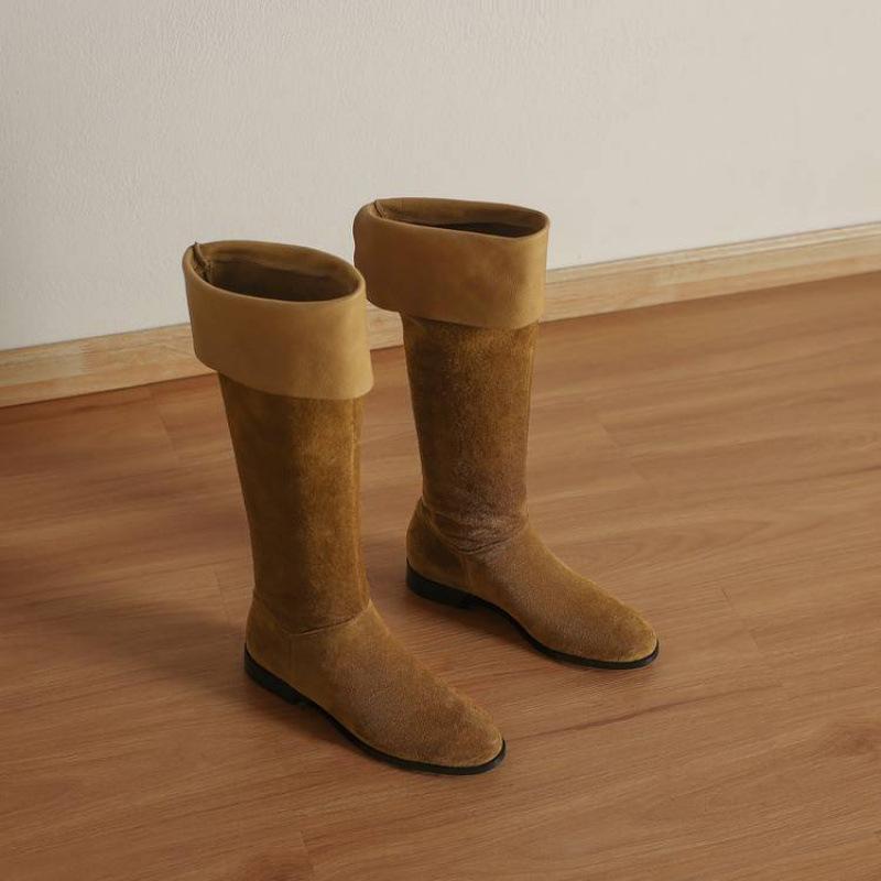 

New low-heeled cowhide high boots round head square heel versatile sleeve solid color autumn and winter leather large size Martin boots women 40