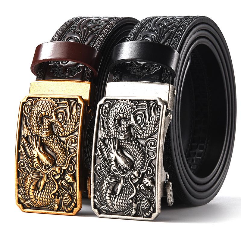 Men's Retro Dragon Head Genuine Leather Belt with Carved Embossed Design