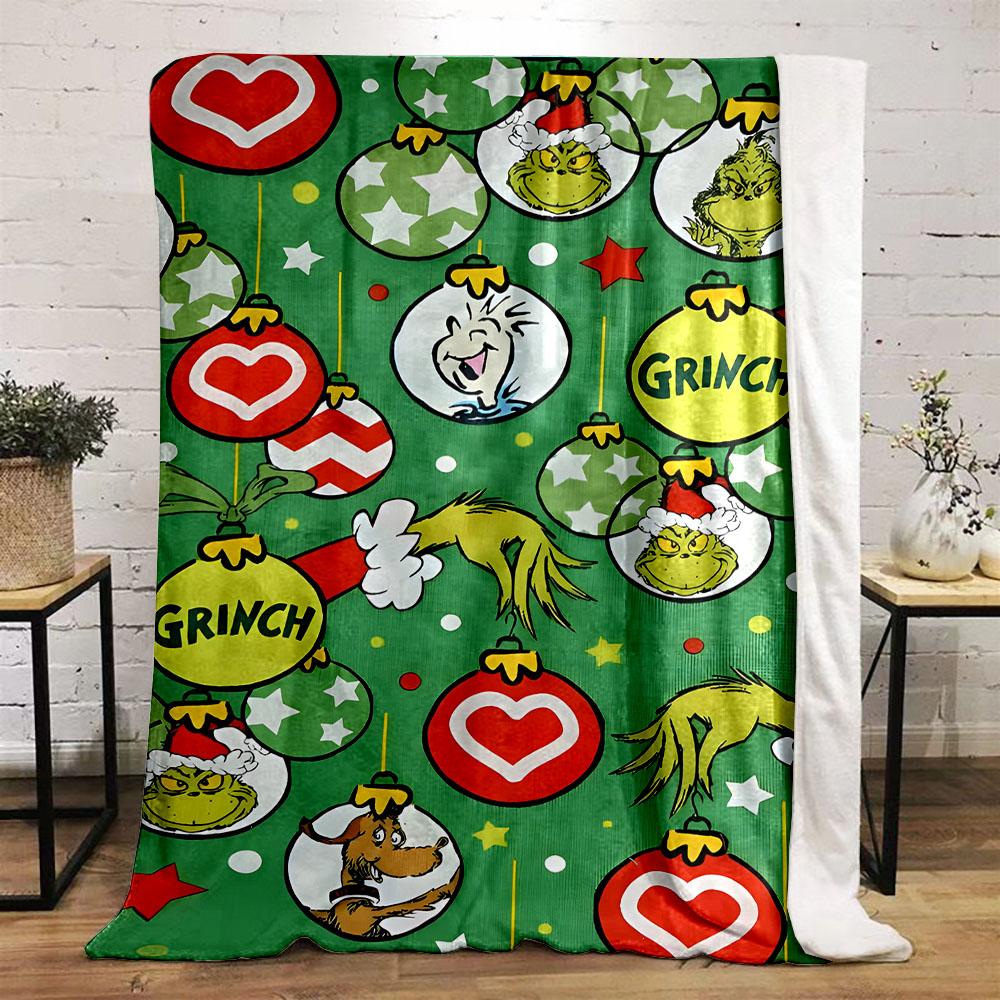 Grinch Christmas Ornaments Pattern Blanket Patterned flannel blanket perfect for the bedroom living room, sofa, or a little nap