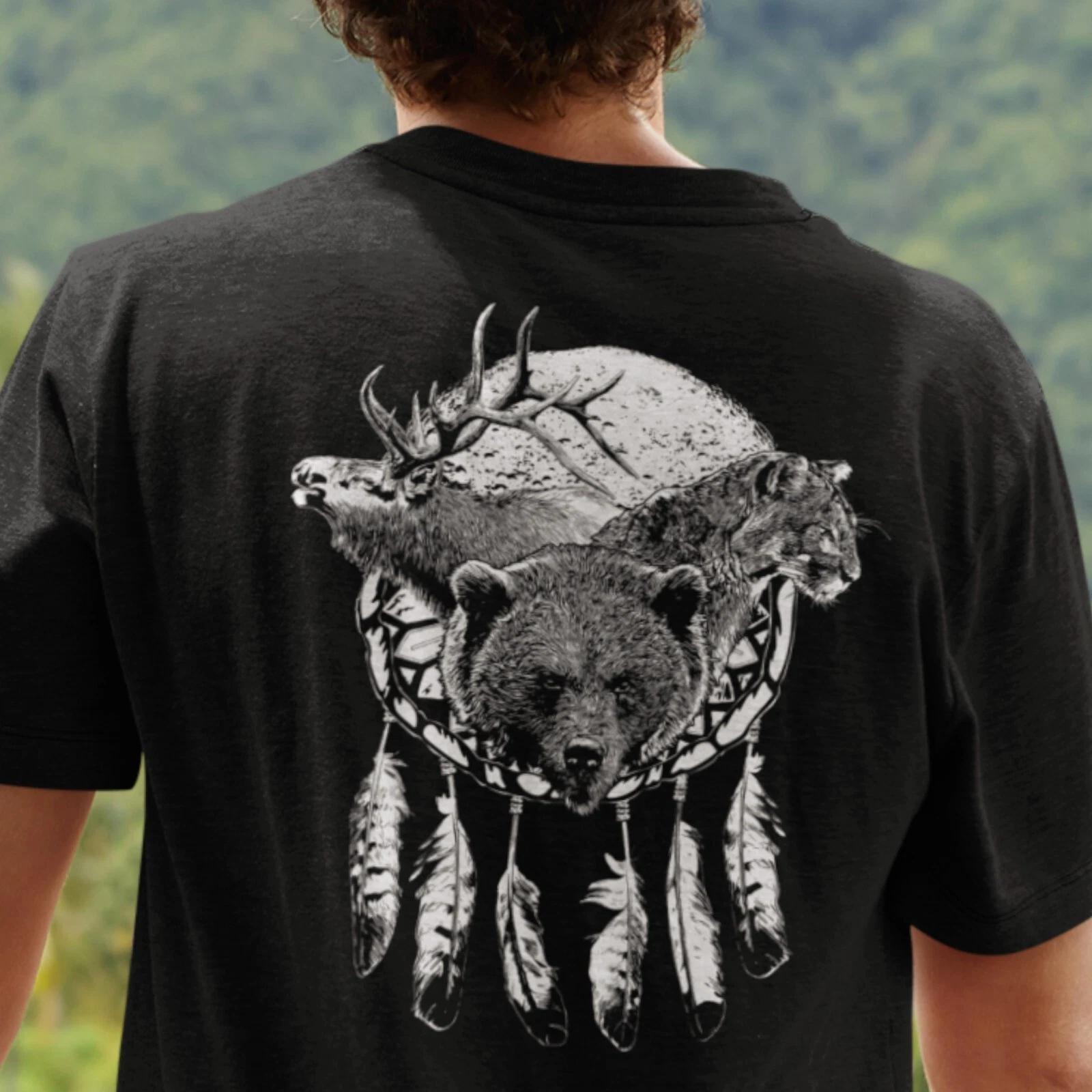 

North American Wildlife Tee - features Bear, Elk, Cougar, Moon, Eagle Feathers 4XL