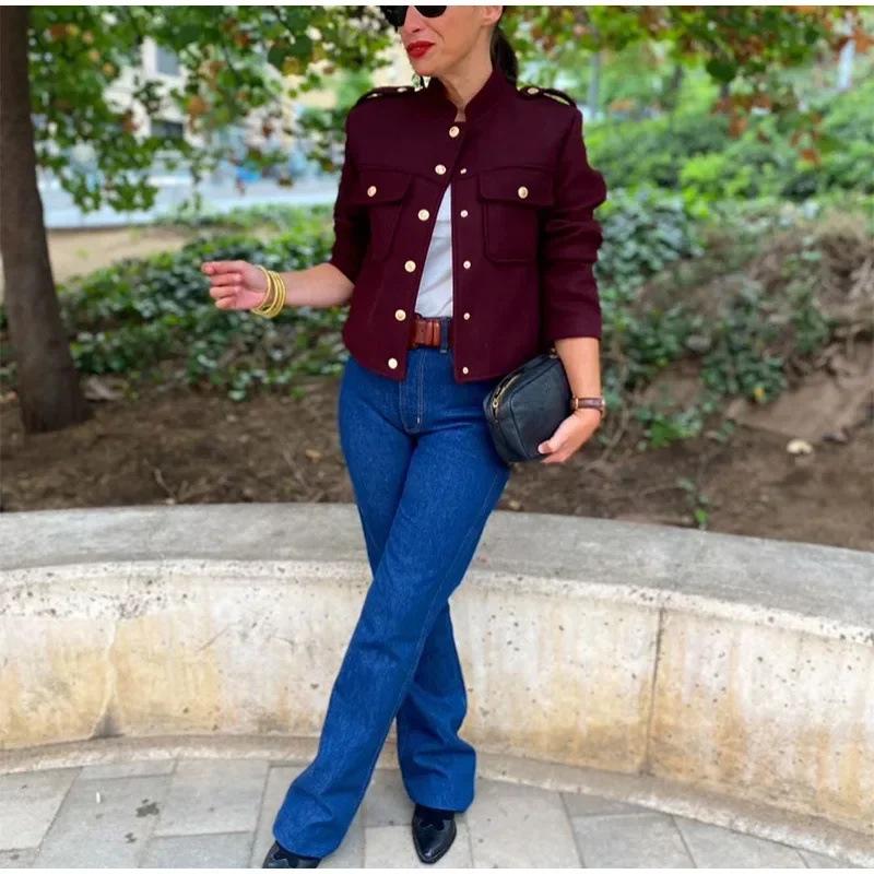 European and American Women's Stylish Double-Breasted Retro Stand-Up Collar Short Jacket