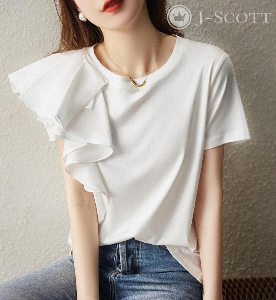 J-Scott Ruffle Sleeve T-Shirt, Mixed Fabric, Asymmetrical, Short Sleeve, High-Quality Cotton Blend, Casual, White, JS51-WH-3XL (Limited Stock)