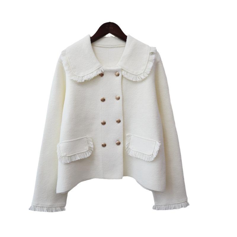 Tassel doll collar knitted double-sided cardigan autumn and winter new loose design solid color sweater jacket women