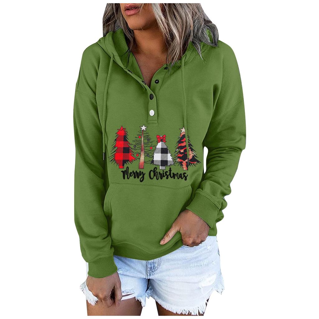 Women  Winter Casual Christmas Fashion Print Hooded Button Sweatshirt