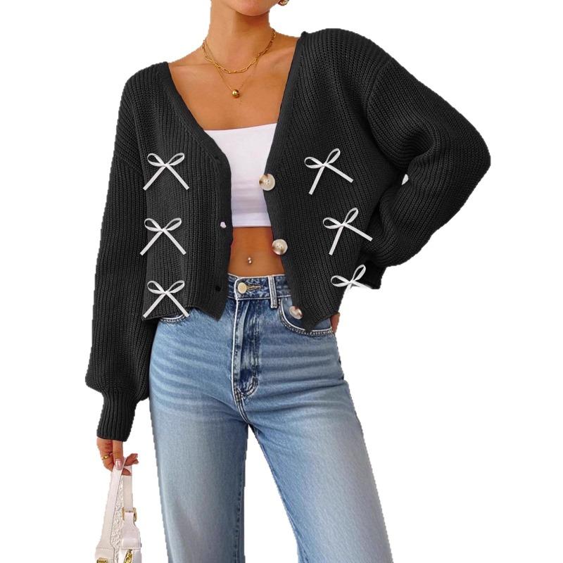 New Autumn and Winter Short Jacket Women's Ribbon Bow Decoration Deep V Three-button Sweater Cardigan
