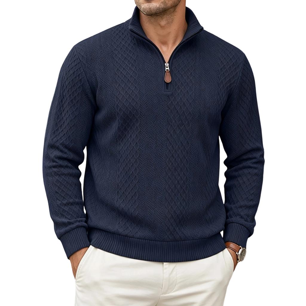 Herren Freizeit Pullover mit halbem Reißverschluss, Stehkragen, langen Ärmeln und Leder-Reißverschlussschieber