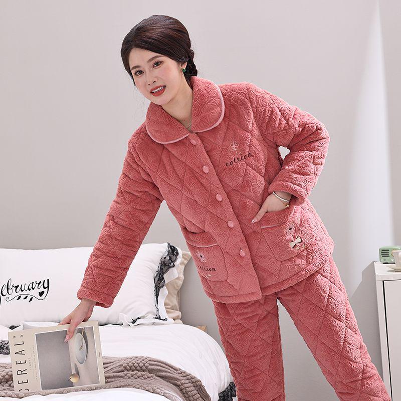 Damen Winter Korallfleece Gesteppter Pyjama - Dickes Flanell Warmes Hausanzug-Set für Mittelalte und Ältere Mütter