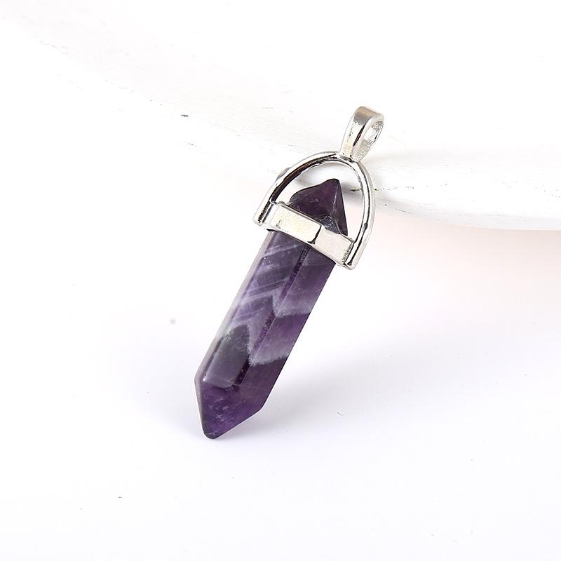 Natural Stone Amethyst & Rose Quartz Double-Pointed Hexagonal Pendant Necklace