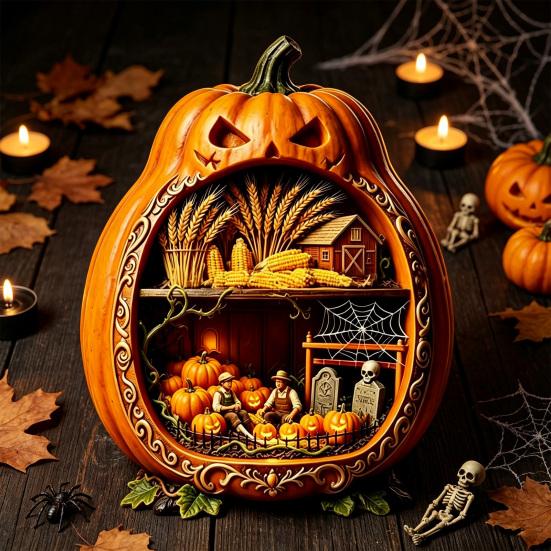 Rustic Halloween Tabletop Decor Centerpiece Pumpkin, Wooden Pumpkin Ornament with Miniature Scenes, Jack-o'-lantern Table Decorations Skeleton