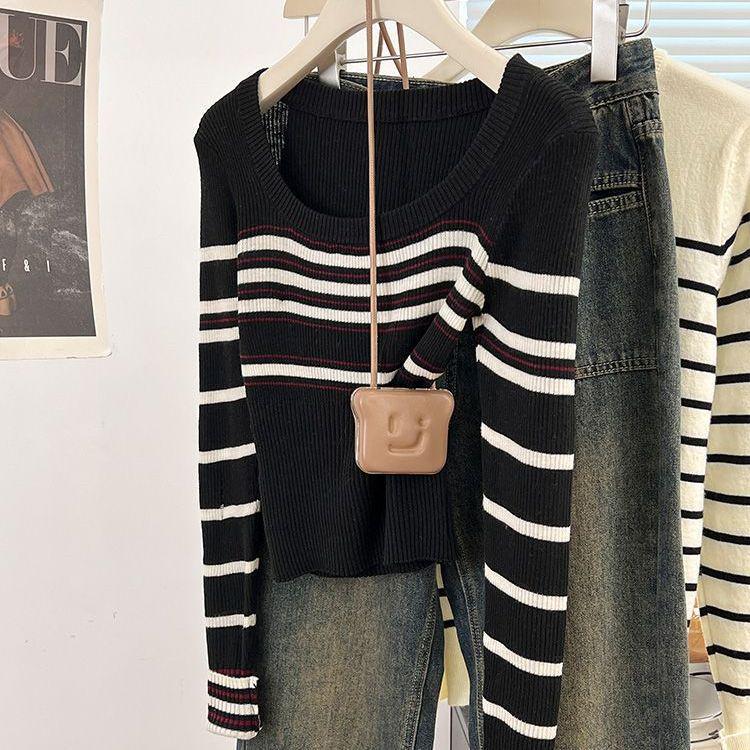 

Женский осенне-зимний вязаный топ в полоску, с цветными блоками и квадратным вырезом One Size чёрный