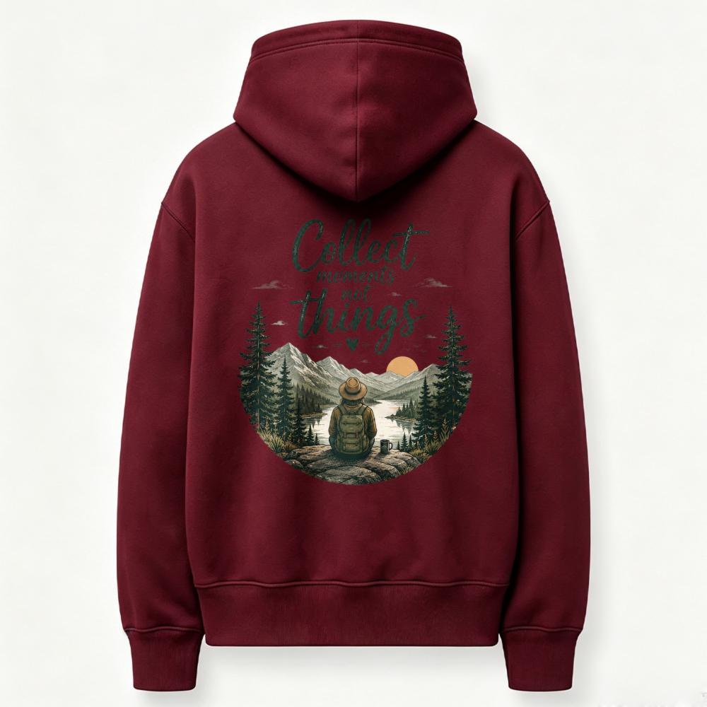 Unisex Collect Moments Not Things Hiker Mountain Lake Sunset Graphic Hoodie Back Print Sweatshirt Outdoor Camping Casual Hooded