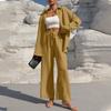 Women's Fashion Solid Color Long Sleeved Button Cardigan Top Elastic Waist Casual Pants Two-piece Set