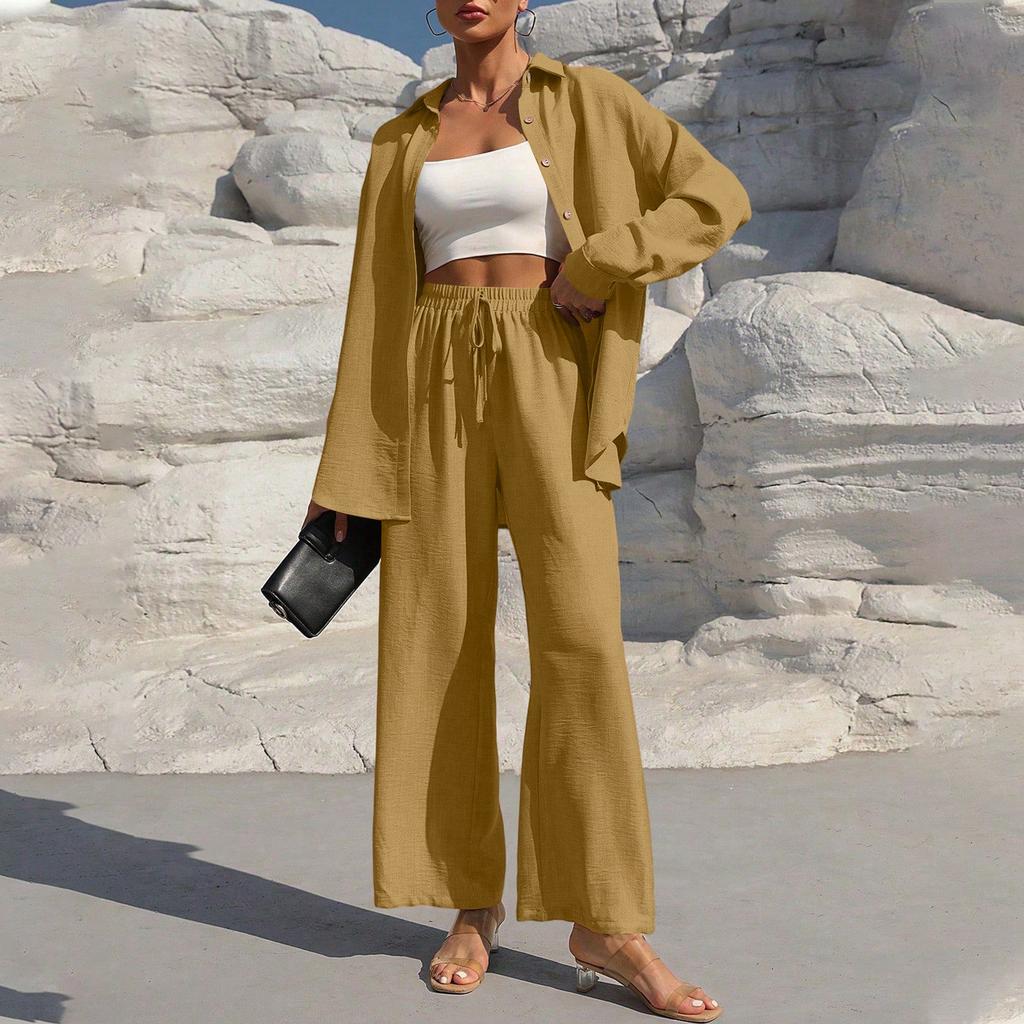 Women's Fashion Solid Color Long Sleeved Button Cardigan Top Elastic Waist Casual Pants Two-piece Set