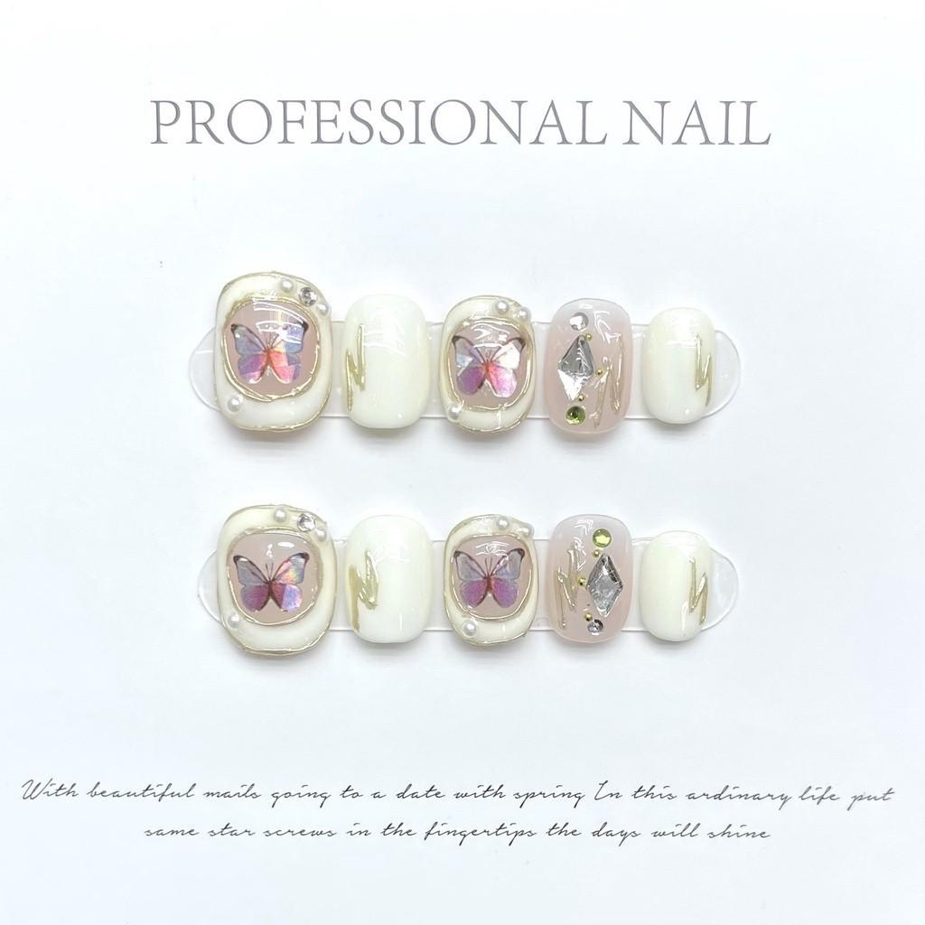 HANDMADE Square Round Artificial Nail Art Champagne Nude Cat'S Eye Pure Color Short Colorful Gentle Cream Rainbow Fake Nails Reusable